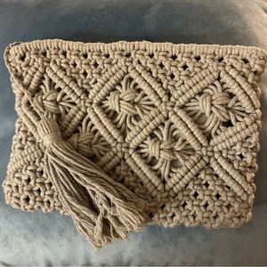 Grey Boho Macrame Clutch Makeup Bag
